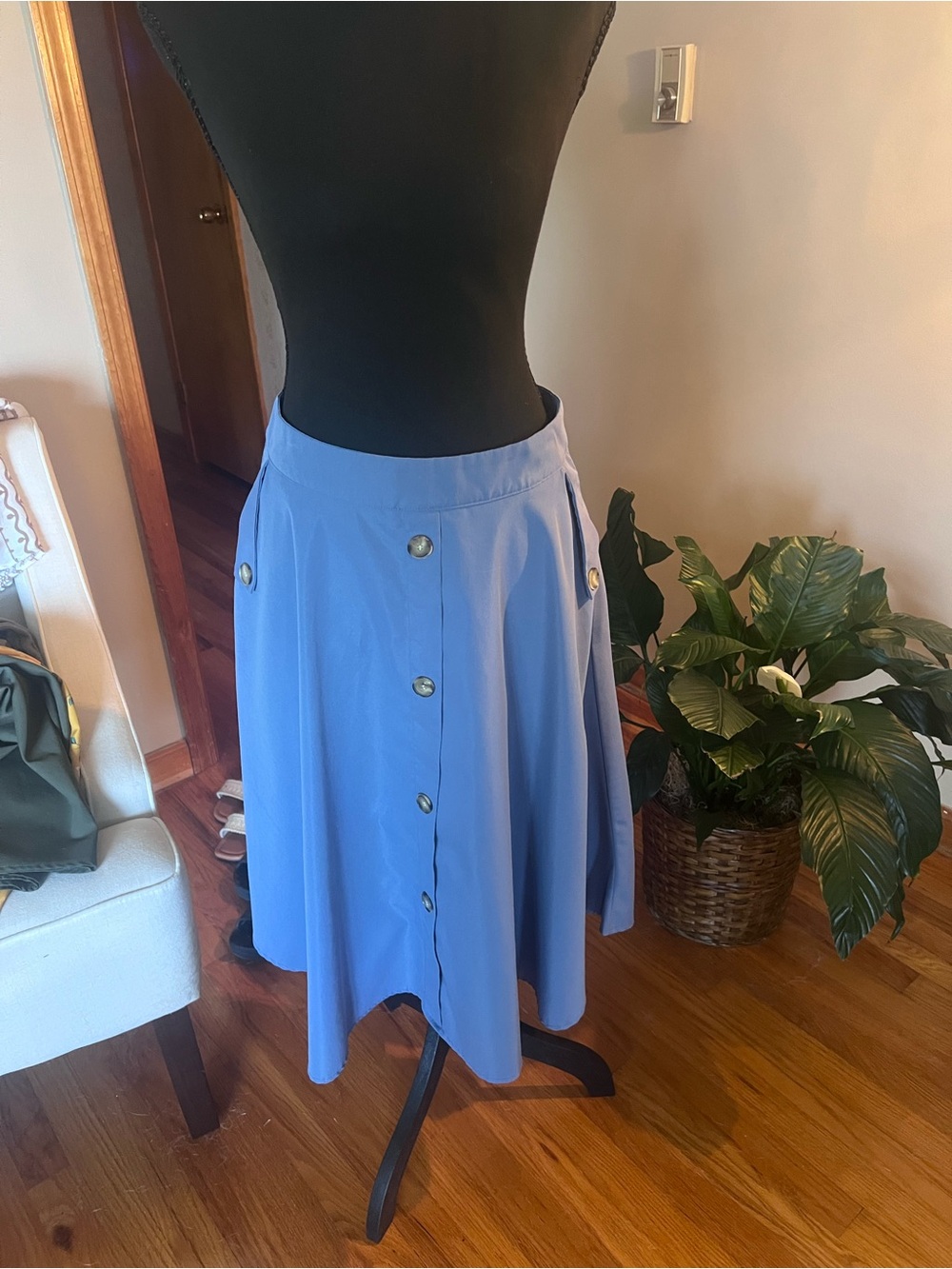 Light Blue Button-Front A-Line Skirt